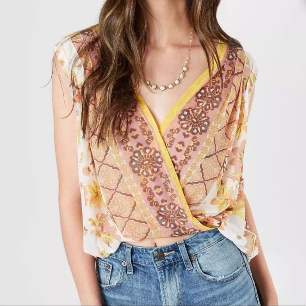 NWT Free People Havana Floral Cropped Tank Top Faux Wrap